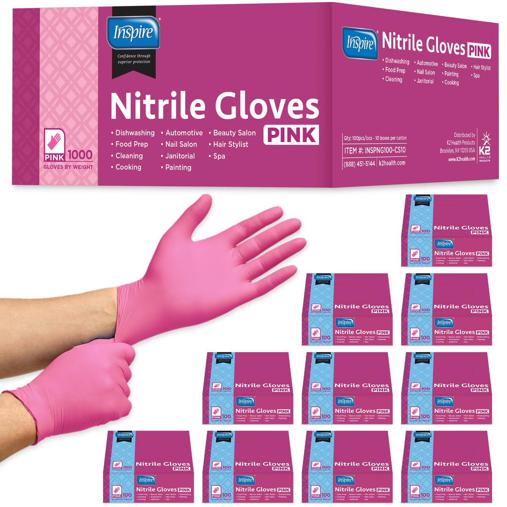 Inspire Pink Gloves Disposable Latex Free | Nitrile Pink Glove Hair and Nail Salon, Esthetician Nitrile Disposable Gloves (10 Boxes Of 100 (Case of 1000), Large)