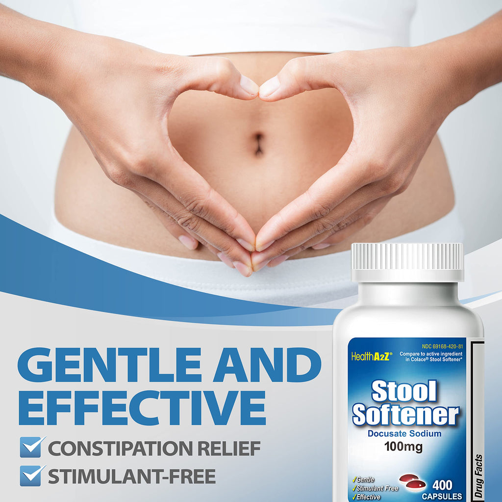 HealthA2Z® Stool Softener, Docusate Sodium 100mg, Red & White Capsules, Dependable & Stimulant-Free, Gentle Constipation Relief, 400 Counts