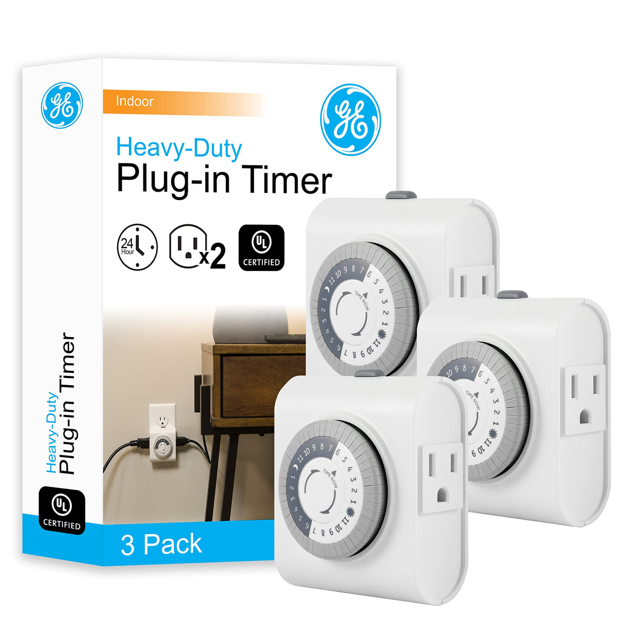 GE 24‑Hour Plug-in Mechanical Timer Outlet, 2 Grounded Outlets, 3 Pack