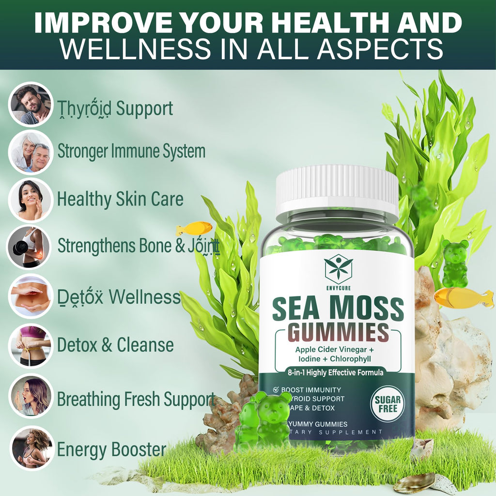 Sea Moss Gummies Sugar-Free, Extra Strength Irish Moss Gel Supplement with Iodine, Chlorophyll, Unfiltered ACV, D3, Burdock Root, Bladderwrack for Immune, Digestive, Skin, Hair, Det❤️x, Vegan, 2Pack