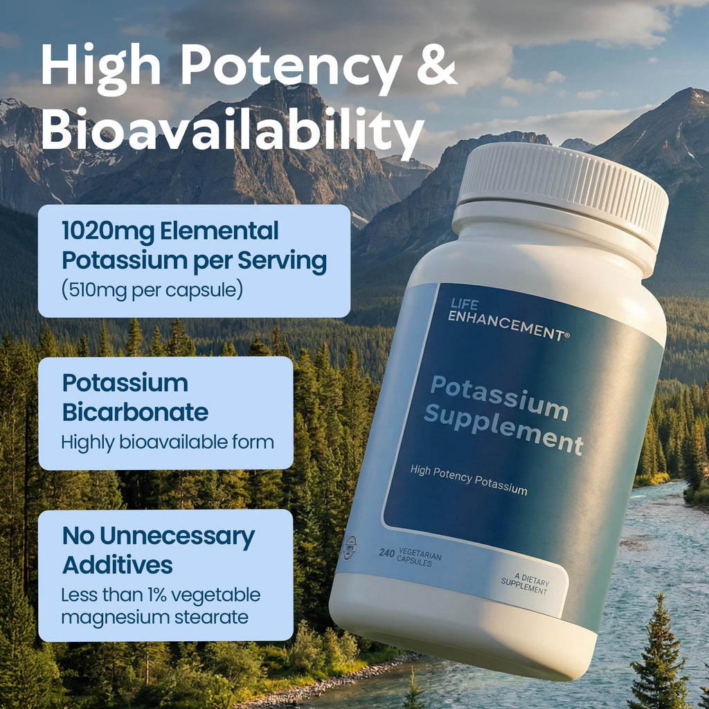 Life Enhancement High Potency 1020 mg Potassium Supplement for Muscle, Brain & Bone Health - No Additives High Absorption Elemental Potassium Supplement, Made in USA (240 Capsules – 120 Servings)
