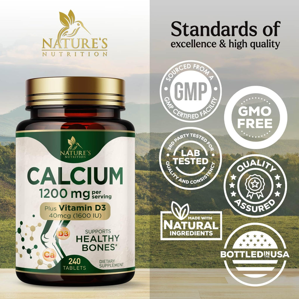 Calcium 1200 mg with Vitamin D3 - Bone Health Supplement, Vitamin D & Calcium Supplements for Women & Men - Bone Strength, Teeth & Immune Support, Nature's Calcium Pills, Bottled in USA - 240 Tablets