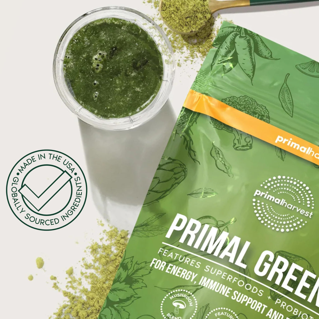 Primal Harvest Primal Greens Powder, 30 Servings Once Daily Supergeens Nutritional Supplement with Spirulina, Mushroom Blend & Probiotics to Support Energy, Wellness, & Digestion 2 Pack