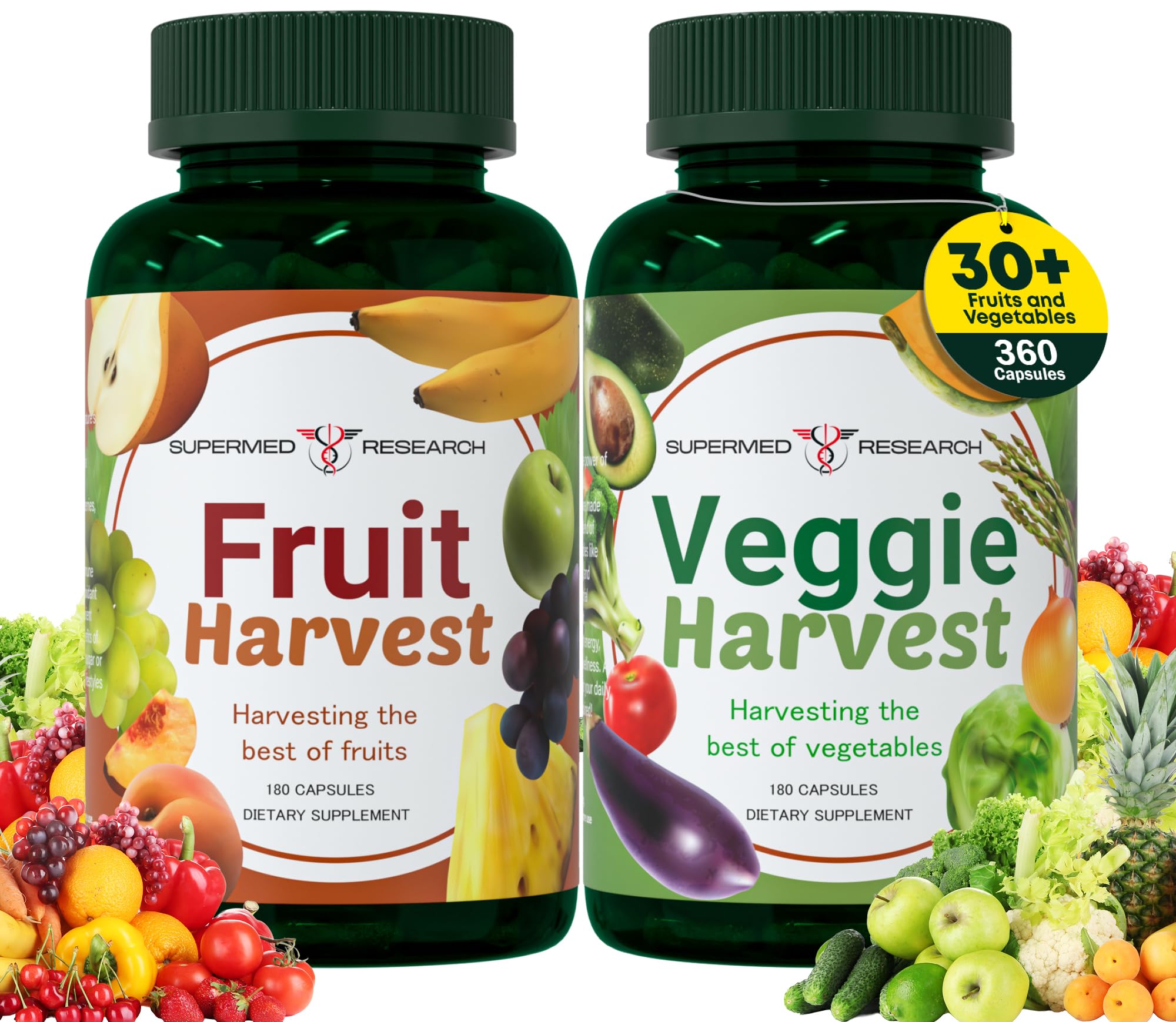 Supermed Research Fruits and Vegetables Supplements – 2 Pack Combination Fruit & Veggies Supplement – Whole Food Vitamins & Minerals for Adults – Superfood Veggie Vitamins for Adults (180 x 2, 360 Ct)