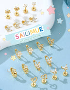 SAILIMUE Hypoallergenic Flat Back Earrings for Girls Women - Cute Toddler Kids Earrings Set Surgical Stainless Steel Earring for Sensitive Ears Small 14K Gold Plated Stud Hoop Earring Stacks