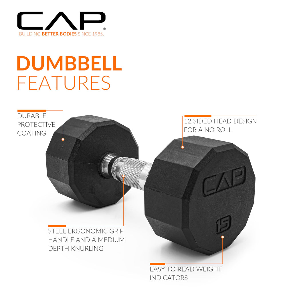 CAP Barbell unisex adult 12-Sided Series 12 Sided Coated Dumbbell, Black, 15-Pound US