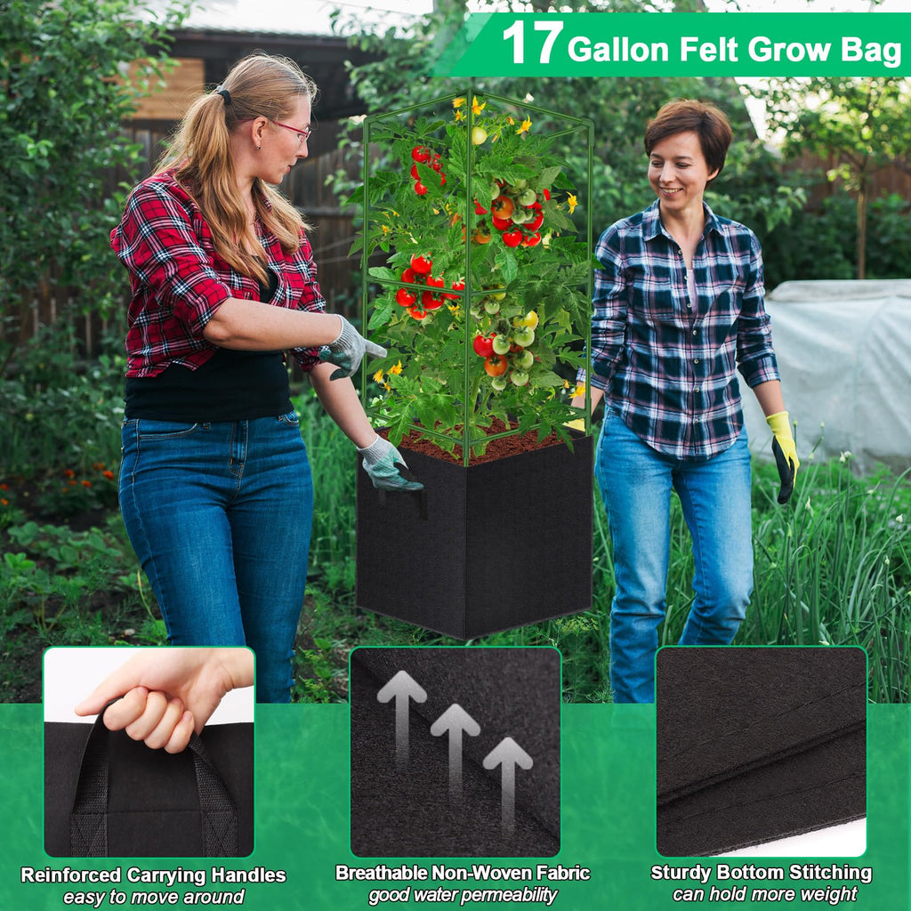 WLLEYAY 3 Pack 46'' Square Tomato Cages with 17 Gallon Grow Bags