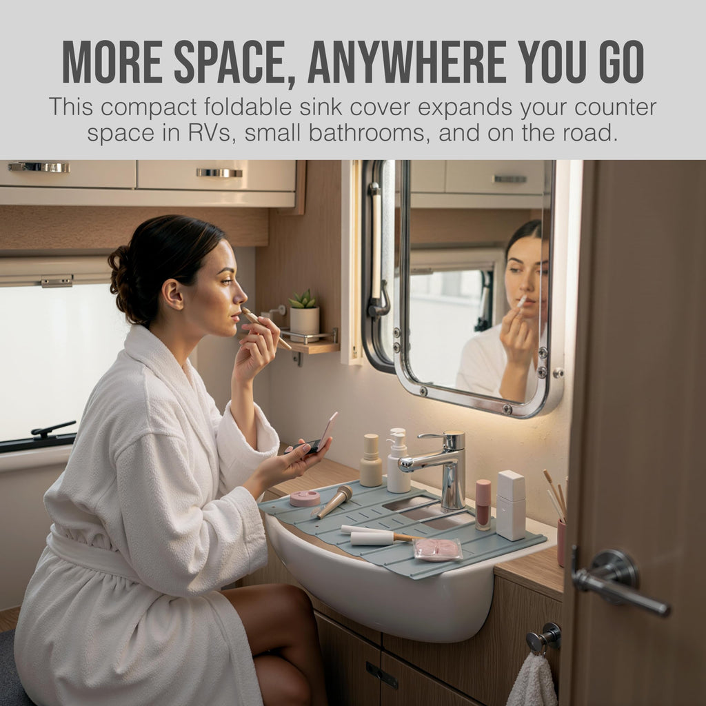 Maplefield Travel Size Bathroom Sink Cover for Counter Space - Foldable Silicone Sink Mat for Beauty Routine, Ideal for Small Bathroom, RVs, Camper Vans (Gray Small, 19.5 x 15.5 x 1.6 Inches)