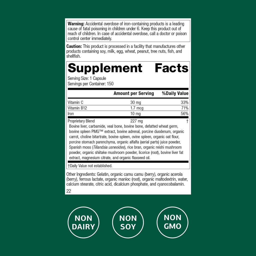 Standard Process Ferrofood - Blood Health Supplement - Enzyme Support with Vitamins B12, C, & Iron - Non-Dairy & Non-Soy - 150 Capsules (40 Servings)