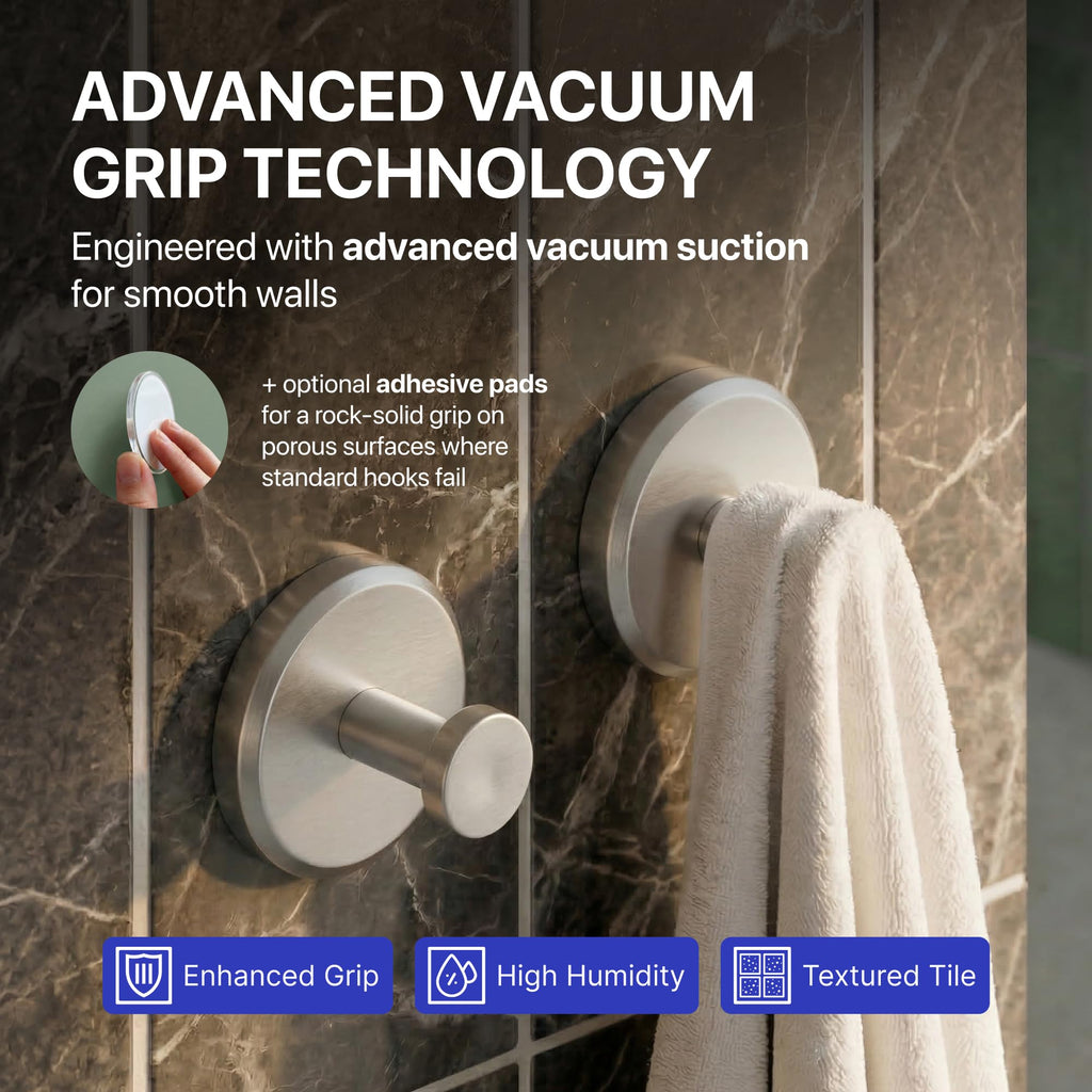 HOME SO Suction Cup Hooks for Shower & Bathroom Towel Holder 2-Pack – Suction Cups Hooks for Hanging Towels, Robes, & Coats - Tiles, Glass Door or Mirror – Shower Hooks & Towel Hooks Organizer -Nickel