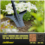 Jardineer Updated Root Shovel, Gardening Shovel Heavy Dutywith Serrated Edge and V-Cut Tip, 44.5" Digging Shovel for Gardening, Camping and Trenching, Ergonomic T-Handle Metal Shovel