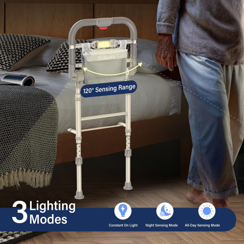 Foldable Bed Rails for Elderly Adults Safety - Heavy Duty Bed Rail for Seniors with Adjustable Height,Bed Side Rails with Motion Sensor Light and Storage Pocket,Fits King Queen Full Twin Beds,400LBS