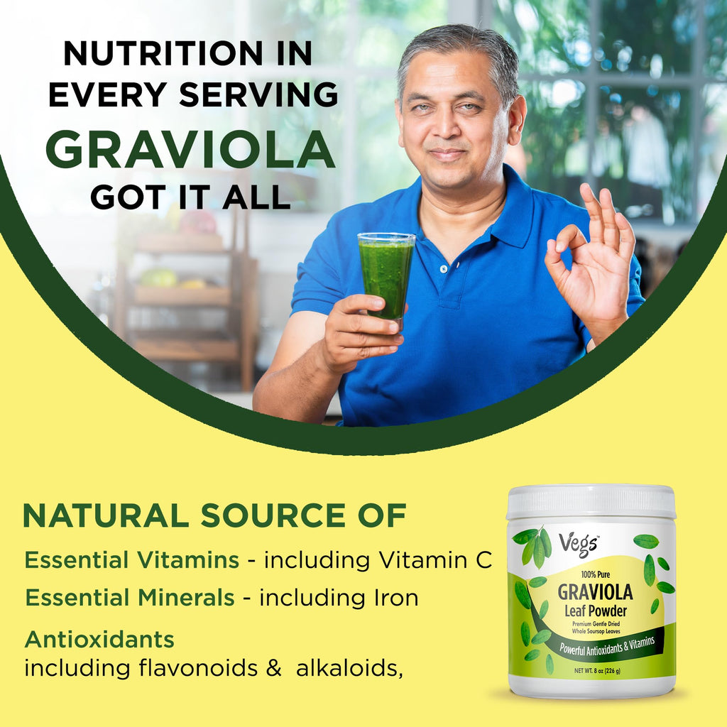 Vegs Graviola Soursop Leaf Powder - The Single Origin, True Green, Organic Graviola Leaves Powder - Gentle Dried & High Potency Soursop with Powerful Antioxidants, Vitamins – No Sugar, Non-GMO, 8 oz