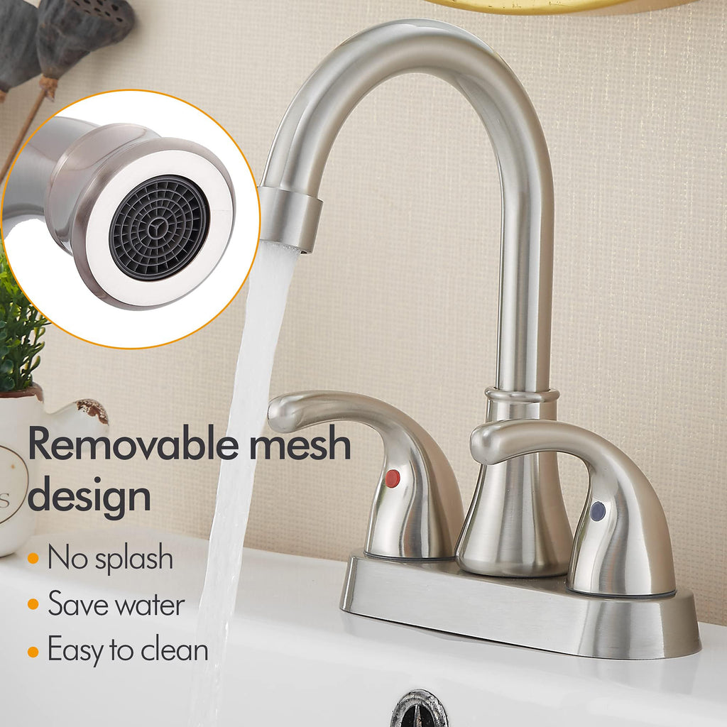 Bathroom Sink Faucet FRANSITON 4 Inch Faucet 2 Handle Bathroom Sink Faucets Lead-Free Brushed Nickel Bath Sink Faucets with Pop-up Drain Stopper and Supply Hoses