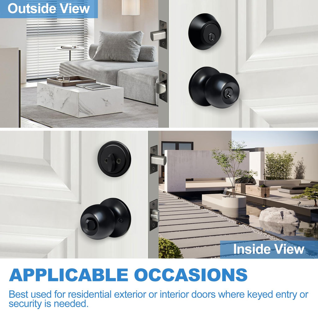 BESTTEN Keyed Alike Exterior Door Knob with Key Lock and Deadbolt, All Keyed Same, Matte Black Entry Door Knobs with Lock and Keys for Entrance and Front Door