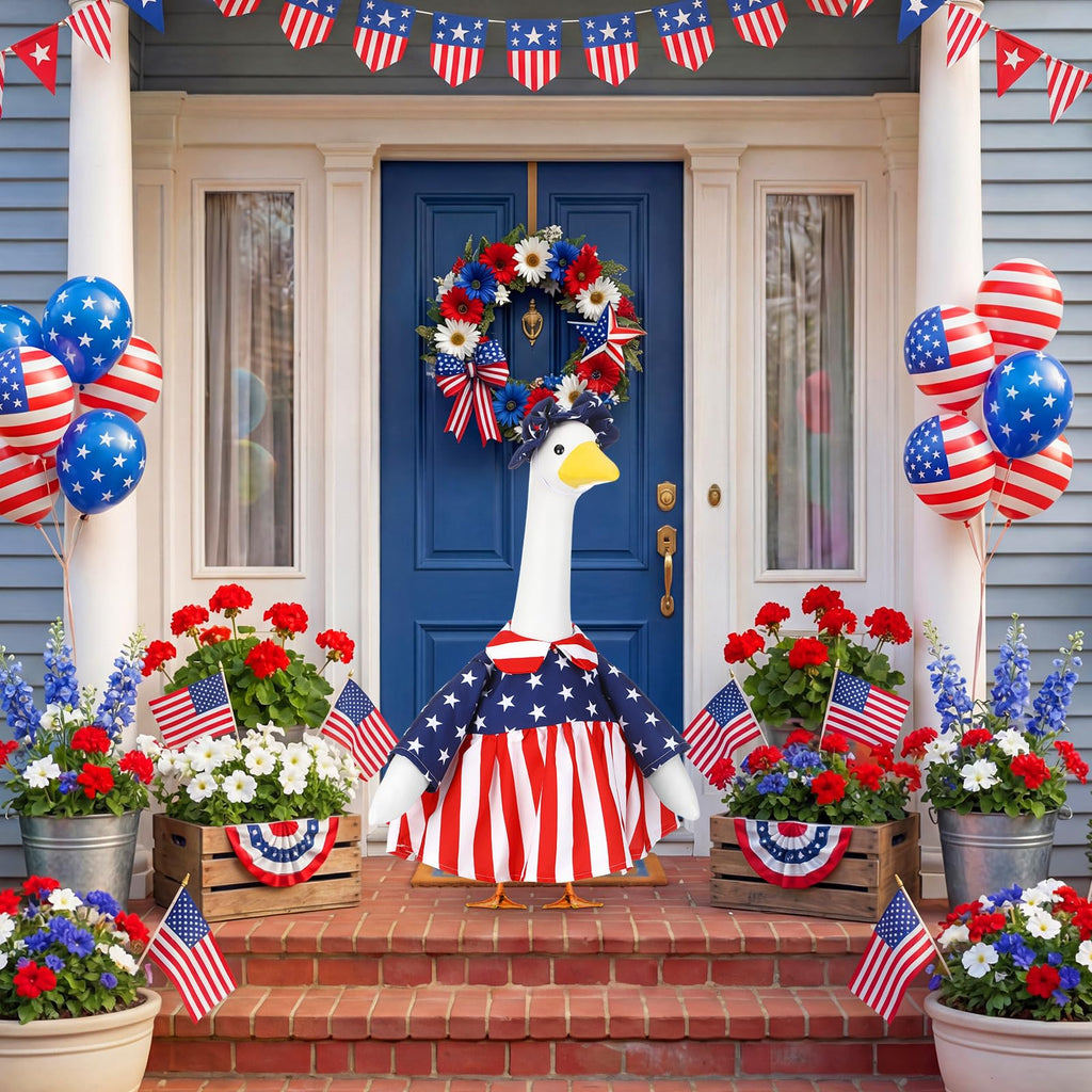 Abbylike 4th of July Porch Goose Outfit Patriotic American Flag Red Blue White Lawn Goose Clothes Fits 23 Inch Cement Statue Geese Costume for 250th Independence Day Outdoor Garden Yard Patio Decor