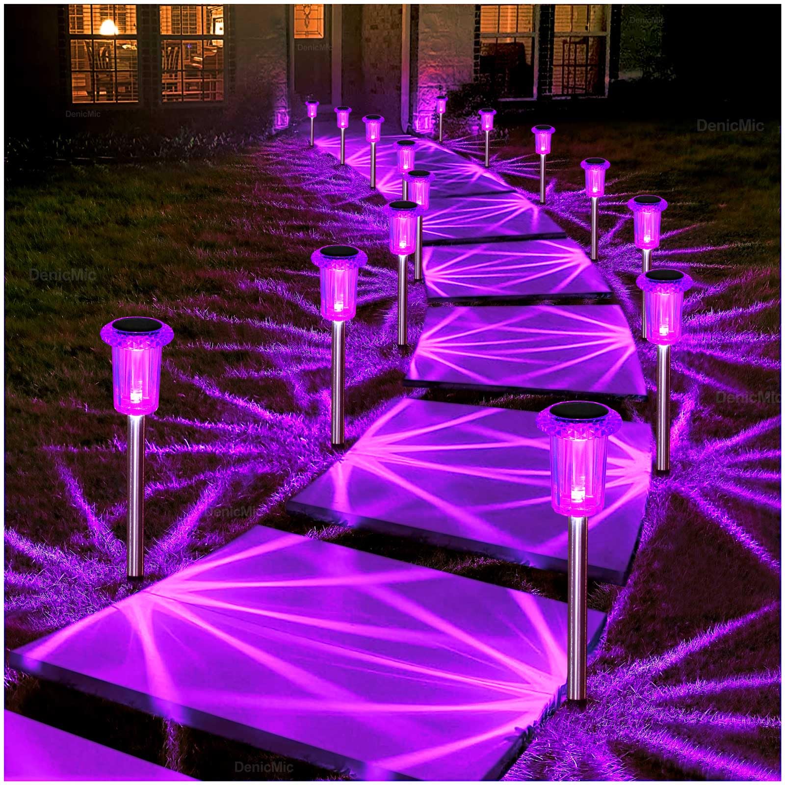 DenicMic Solar Lights Outdoor 10 Pack Waterproof Purple LED Stainless Steel Stake Outside Lights for Yard Pathway Garden Driveway Walkway Landscape Path Lighting Halloween Decorations Outdoor