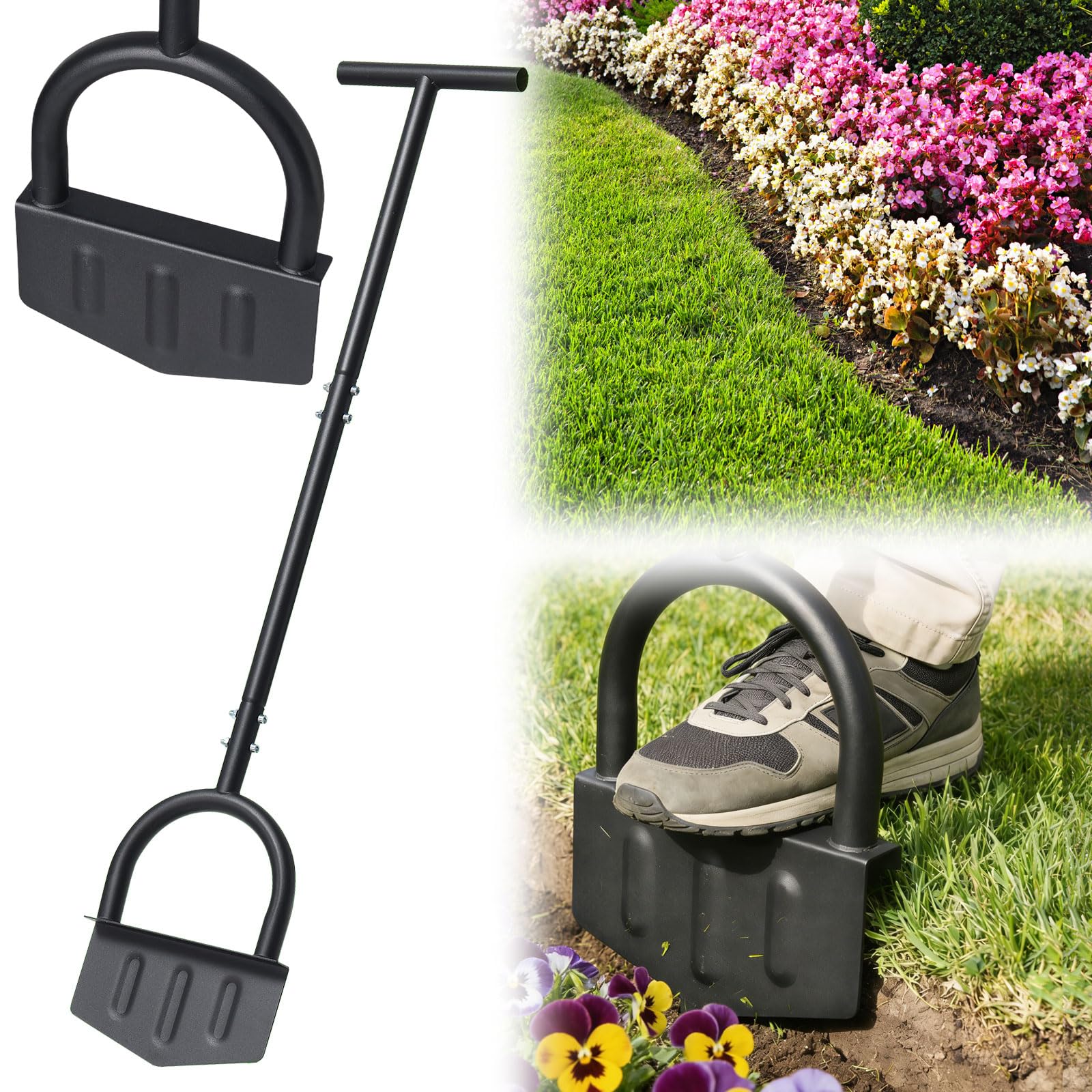 Lilyvane Heavy-Duty Manual Grass Edger 41 Inch – Half Moon Lawn Edger Tool with Wide Footplate, Steel Border Edger for Landscaping, Garden Edging, Trench Digging & Irrigation Cable Burying