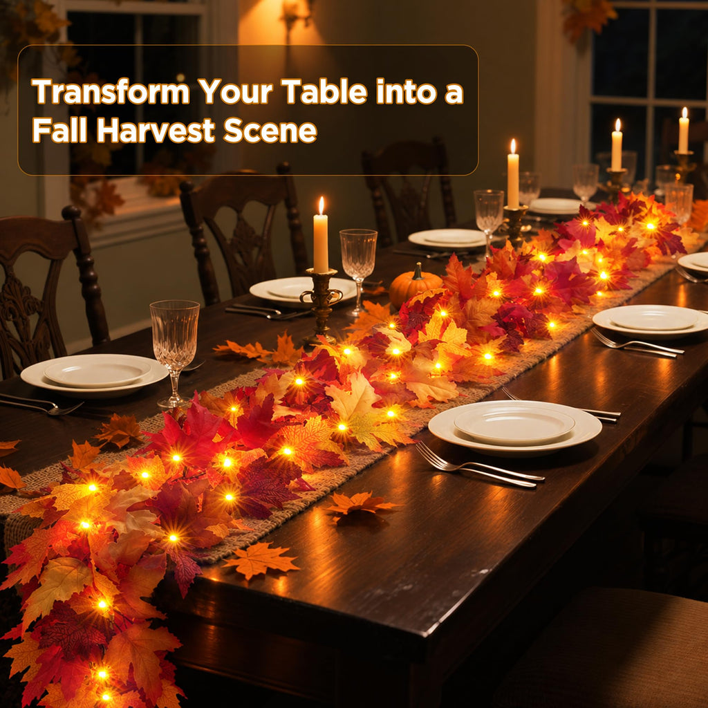 Fall Decorations for Home 9 FT Pre-lit Fall Garland with 50 LED Orange Lights, Auto Timer, 8 Lighting Modes, Waterproof Battery Operated Maple Leaf Garland for Fall Halloween Thanksgiving Decorarions