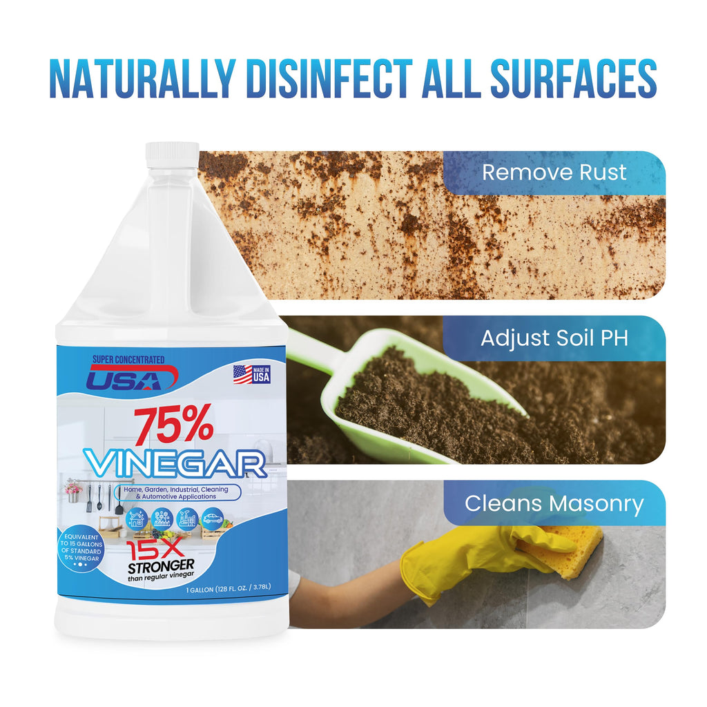 Super Concentrated USA Pure Vinegar - Industrial Cleaning Vinegar - 1 Gallon Concentrated Cleaner (75% 1 Gallon)