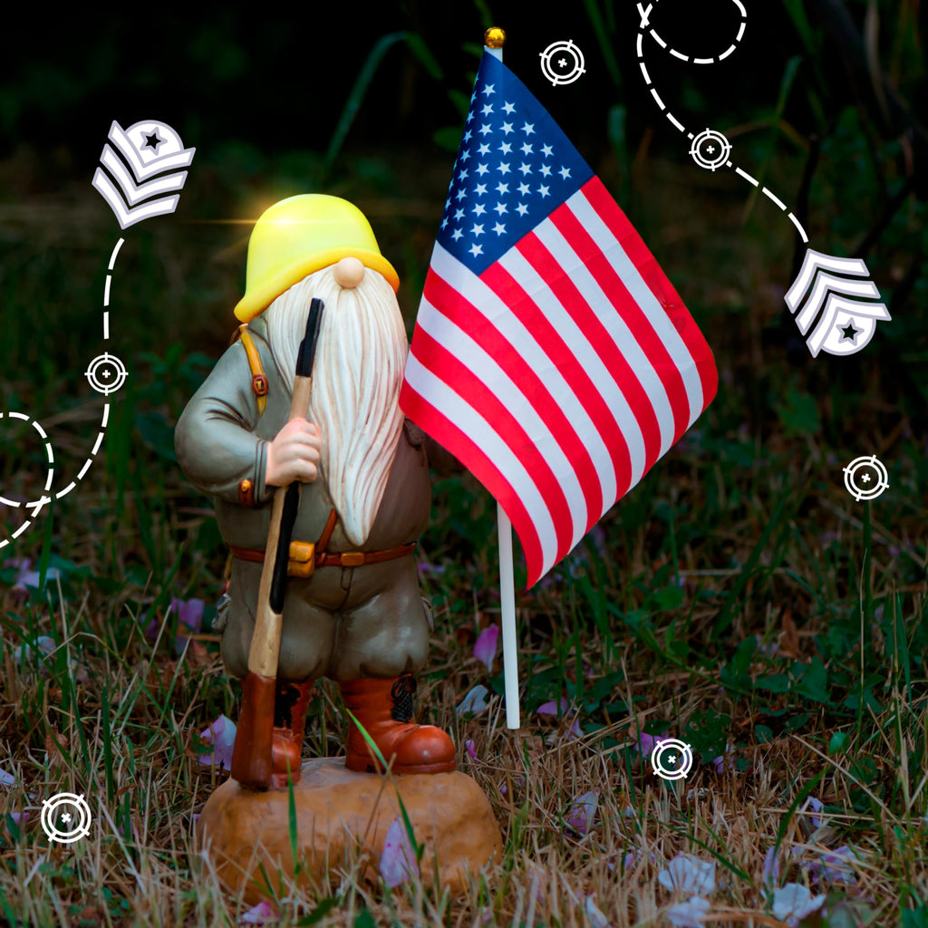 Redwix Patriotic Solar Garden Gnome with American Flag, 11" Resin Armed Garden Gnomes Outdoor Statue, Military Yard Gnome Decor, Gift for 4th of July, Memorial Day, Veterans Day