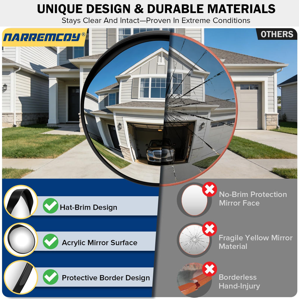 Narremcoy New 24 Inch Acrylic Convex Mirror with Rain-shield - Adjustable Wide Angle View Traffic Mirror Indoor Outdoor, Wall Mounting Blind Spot for Garage Warehouse, School, Store Safety and Office