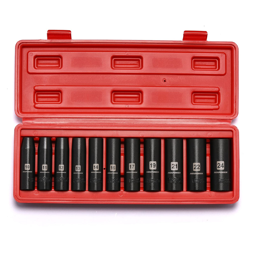 MIXPOWER 11-Piece 1/2-Inch Drive Deep Impact Socket Set, CR-V, Metric, 6 Point, Deep, 10-24mm