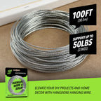 HANGDONE Picture Hanging Wire #5 – 50lbs Capacity – 100ft – 16 Gauge Non-Coated Steel | Flexible & Heavy-Duty | for Frames, Mirrors & Wall Décor