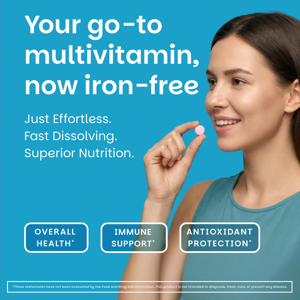 EZ Melts Multivitamin Without Iron - Daily Supplement with 18 Vitamins & Minerals - Contains Vitamin C, Folate, Biotin & More - Non-GMO & Vegan - Apple - 60 Dissolvable Tablets (30 Servings)