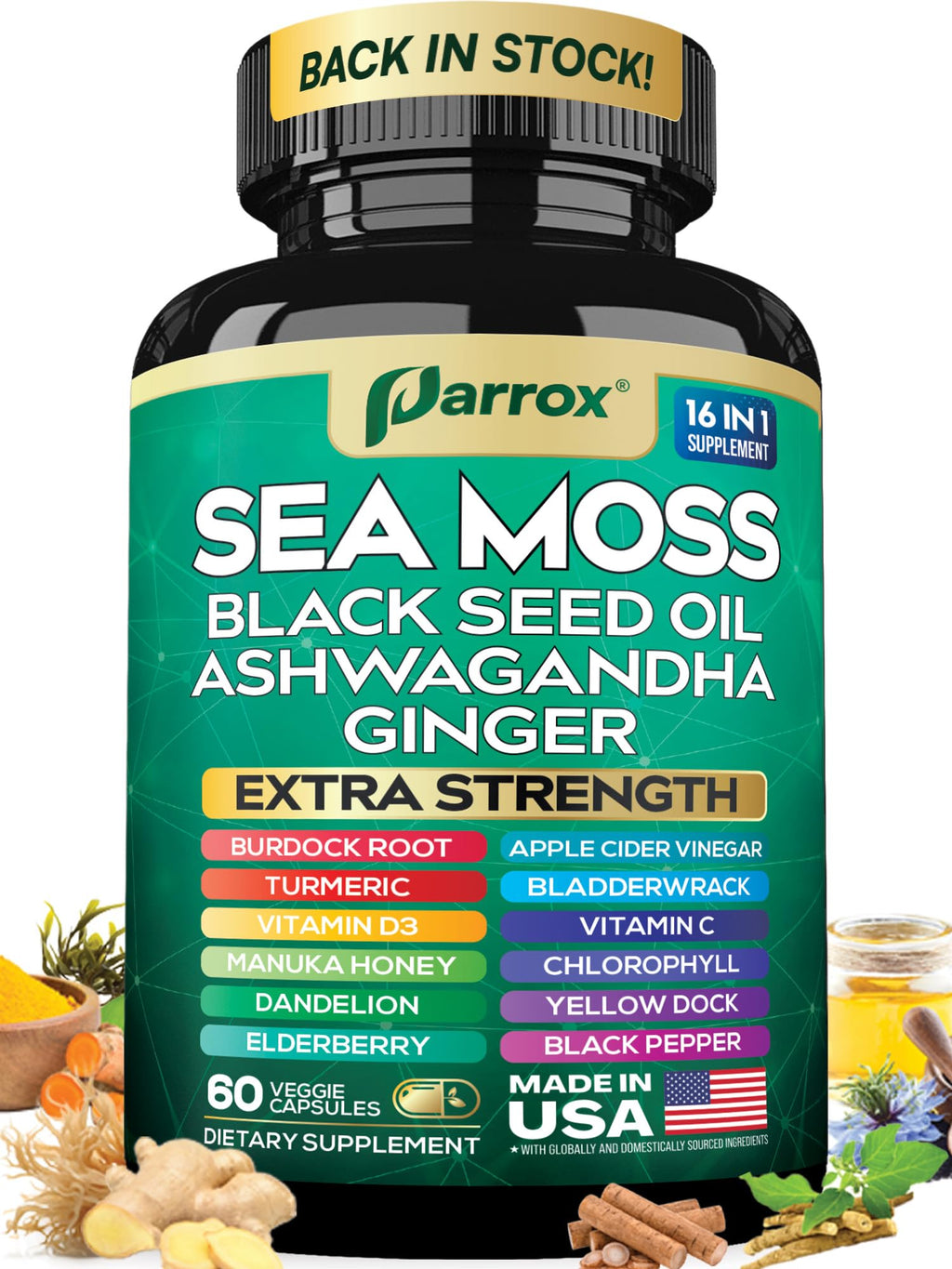 Sea Moss Black Seed Oil Supplement, 16-in-1 Ashwagandha, Turmeric, 60 Caps