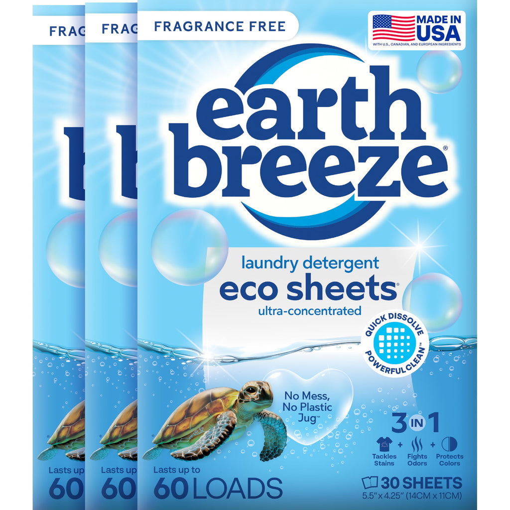 Earth Breeze Laundry Detergent Sheets Fragrance-Free - 180 Loads Eco Liquidless Soap - Travel-Friendly for Hot & Cold Cycles, Tackles Tough Stains & Odors - Gentle on Sensitive Skin, 90 Ct (3 Pack)