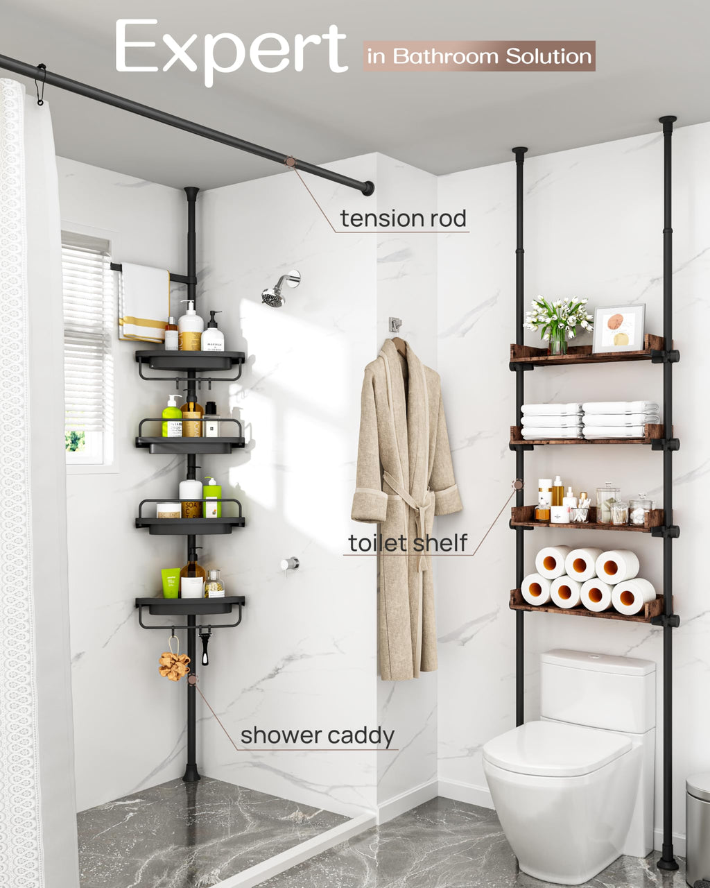 ALLZONE Corner Shower Caddy Tension Pole, Extendable Rustproof Stainless Steel Pole & 4-Tier Adjustable Shelves for Easy Drainage and Built-to-Last Stability, 34 to 116 Inch, Black
