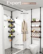 ALLZONE Corner Shower Caddy Tension Pole, Extendable Rustproof Stainless Steel Pole & 4-Tier Adjustable Shelves for Easy Drainage and Built-to-Last Stability, 34 to 116 Inch, Black