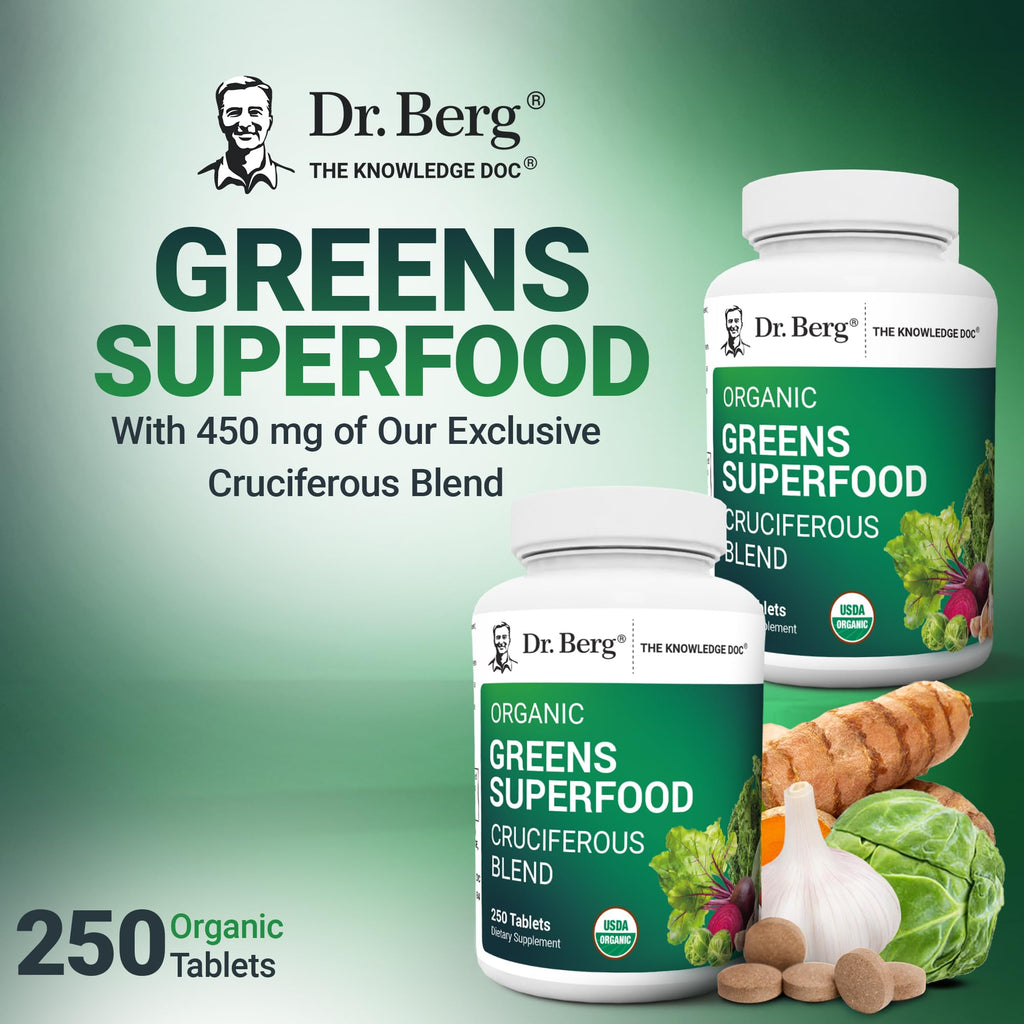 Dr. Berg's Greens Superfood Cruciferous Vegetable Tablets - Vegetable Supplements for Adults w/ 11 Phytonutrient Super Greens Tablets - Energy, Immune System & Liver Veggie Tablets - 250 Tablets