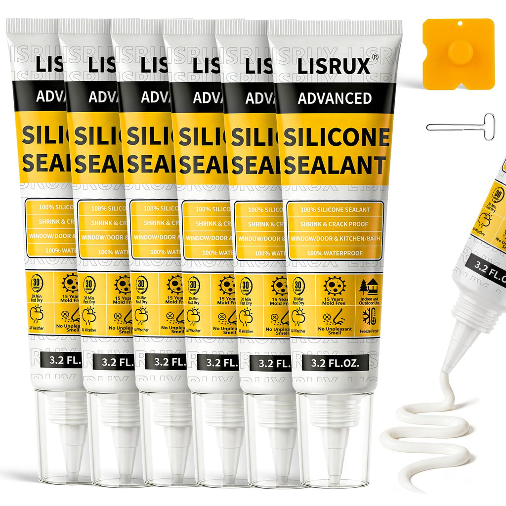 LISRUX Advanced White Silicone Caulk for Kitchen & Bathroom - 6 Pack (3.2 Fl Oz Each) | 100% Waterproof Silicone Sealant | Super Strong Adhesion, Shrink & Crack Proof