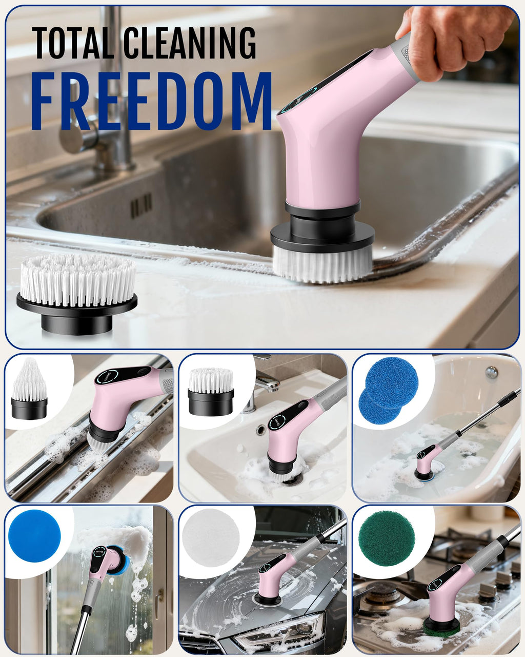 Dovety Electric Spin Scrubber, Shower Scrubber, Power Cleaner Tools with 8 Replaceable Brush Heads, Cleaning Brush with Extension Handle, 2 Adjustable Speeds, 90Mins Work Time for Home Bathtub-Pink