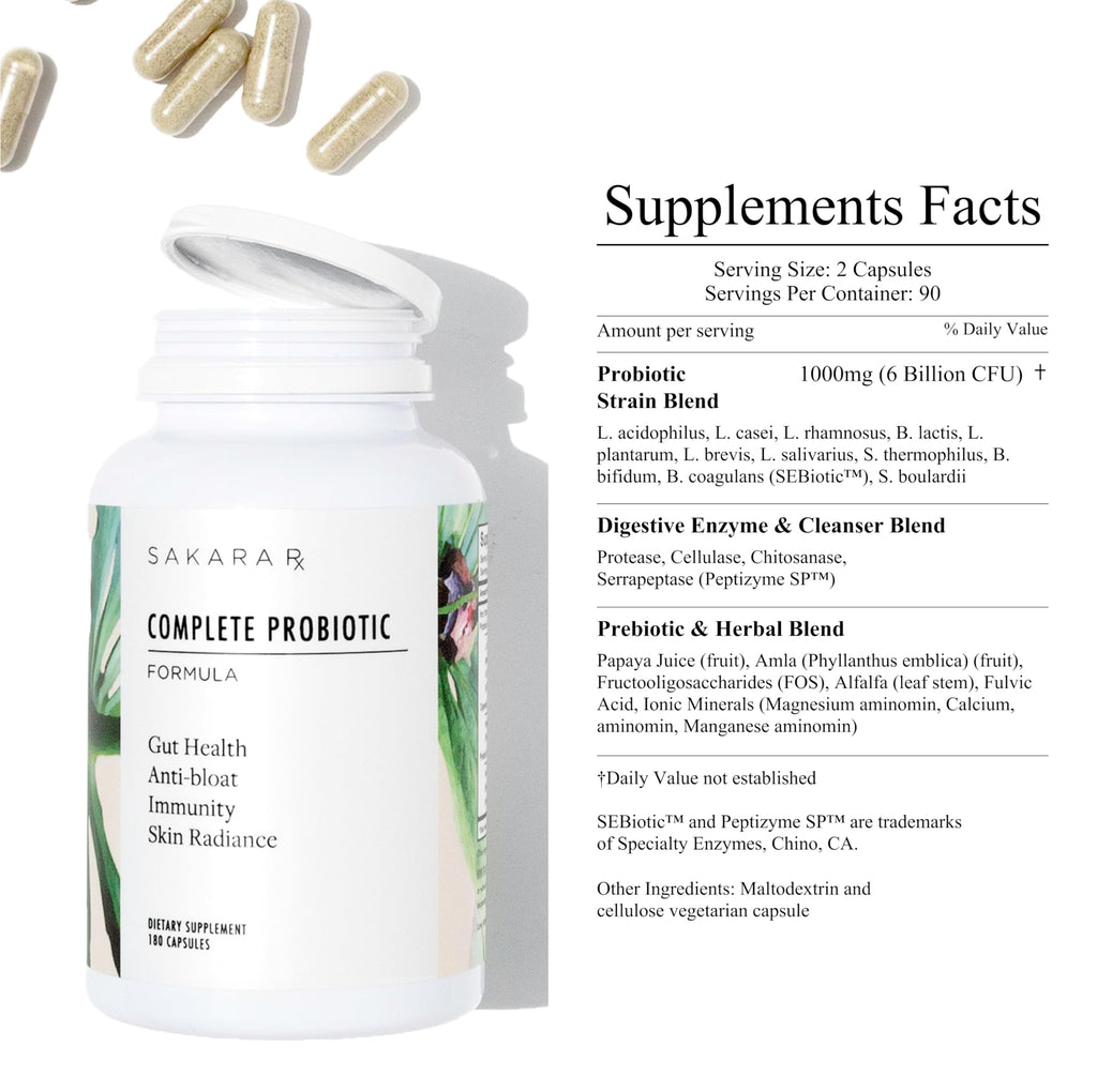 SAKARA Complete Probiotic - Prebiotics and Probiotics for Women Digestive Health Supplements, Supports Bloating, Immune System & Skin Radiance, Gut Health for Women with 3 Billion CFU's - 180 Capsules