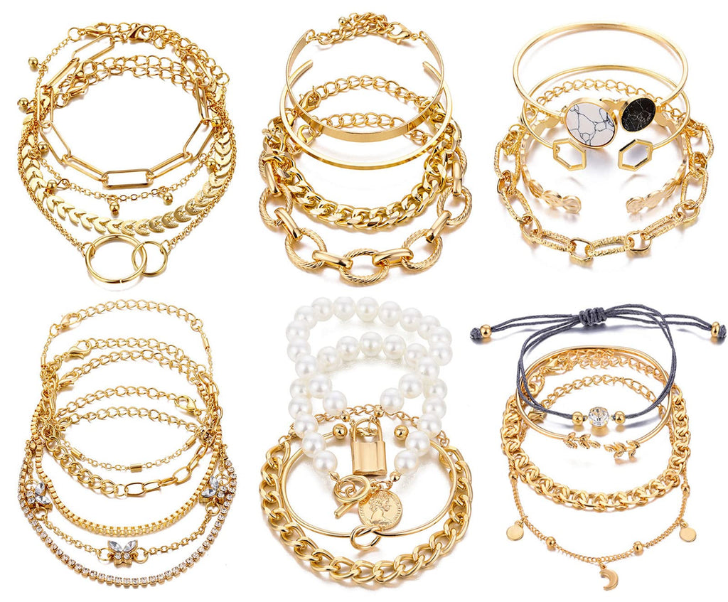 17IF 25 PCS(6 Pack) Dainty Boho Gold Chain Bracelets Set for Women Stackable Chunky Multipack Layered Bangles Adjustable Flat Cuff Cuban Punk Charm Bracelet Bundle Jewelry
