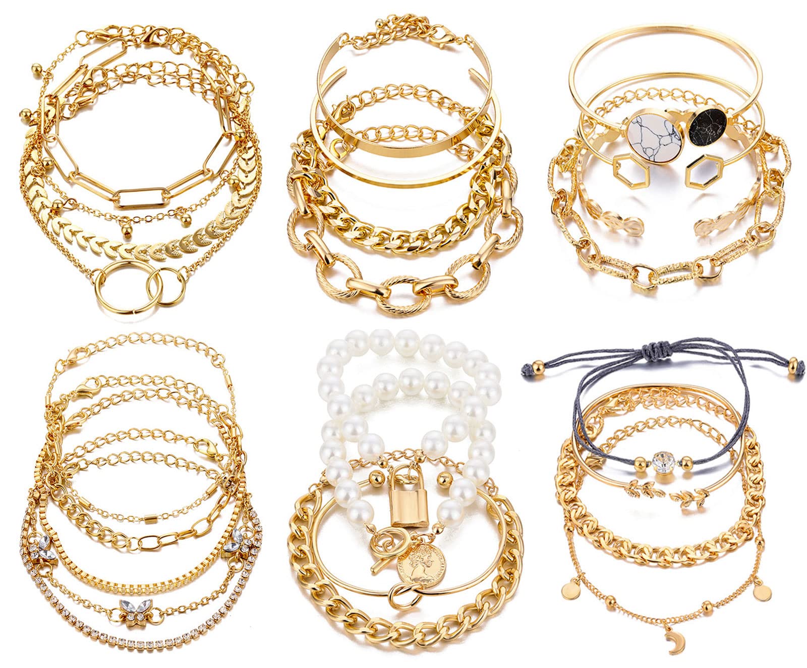 17IF 25 PCS(6 Pack) Dainty Boho Gold Chain Bracelets Set for Women Stackable Chunky Multipack Layered Bangles Adjustable Flat Cuff Cuban Punk Charm Bracelet Bundle Jewelry