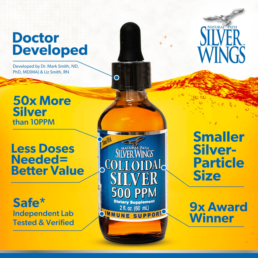 Natural Path Silver Wings Colloidal Silver - Extra Strength Liquid Immune Support Supplement - - 500ppm (2500mcg) - 2oz Dropper