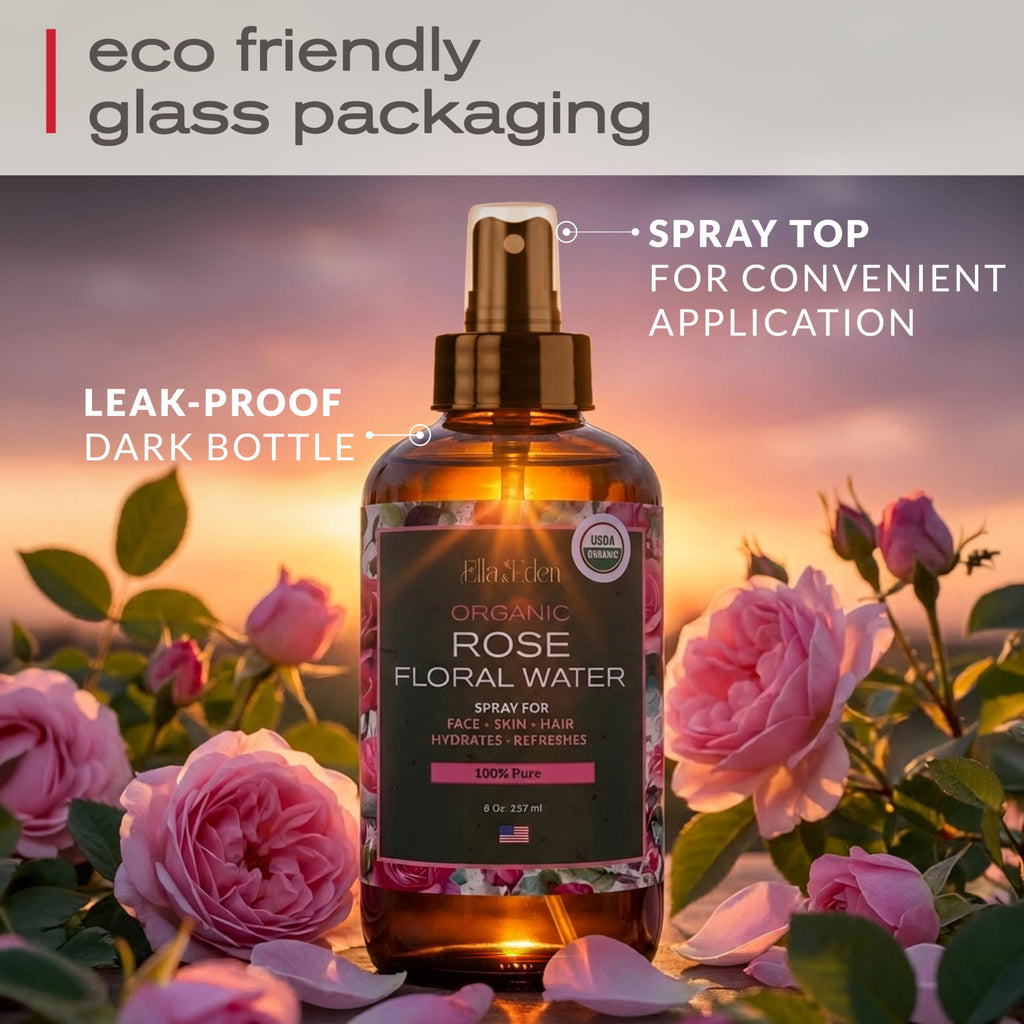 Ella & Eden 100% Pure Organic Rose Water Spray for Face, for Hair - 8oz, Alcohol-Free, No additives - USDA Organic, Steam-Distilled - Refreshing, Hydrating, Glass Bottle
