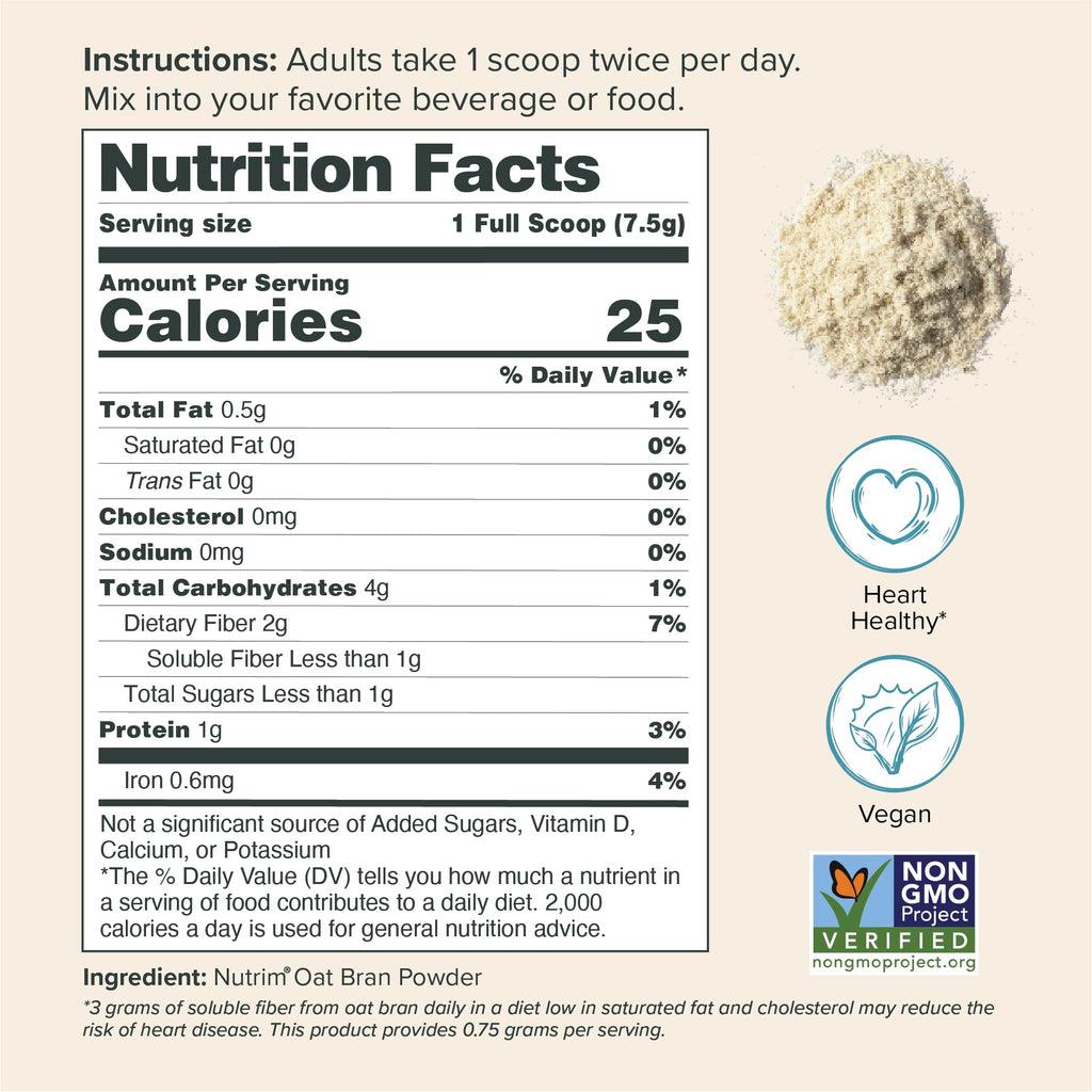 Nutrim Oat Bran Powder with 750mg Beta Glucan per Serving - Easy-Mix Soluble Fiber for Cholesterol Management & Immune Support - Heart Healthy, Non-GMO & Vegan Oatmeal Powder