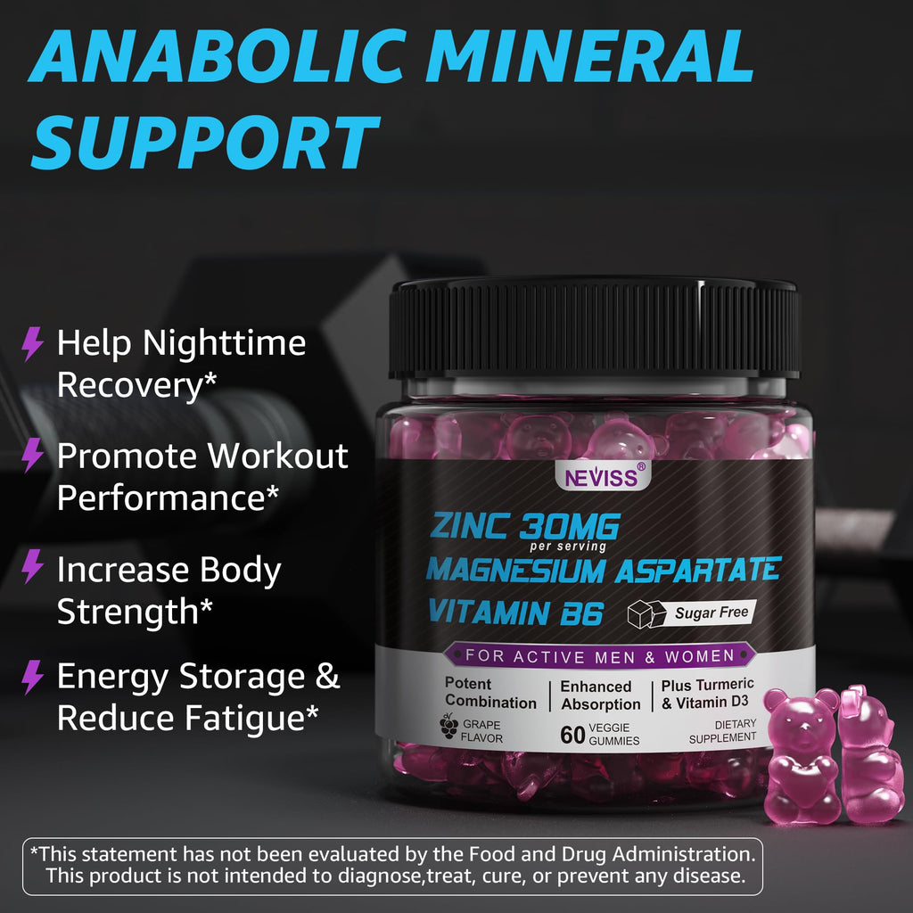 Zinc and Magnesium Supplement, Zinc Magnesium Aspartate Post Workout Gummies for Men Women, with Vitamin B6, B12, D3, Turmeric for Nighttime Recovery, Reduce Fatigue, Boost Immunity & Sleep, 120 Count