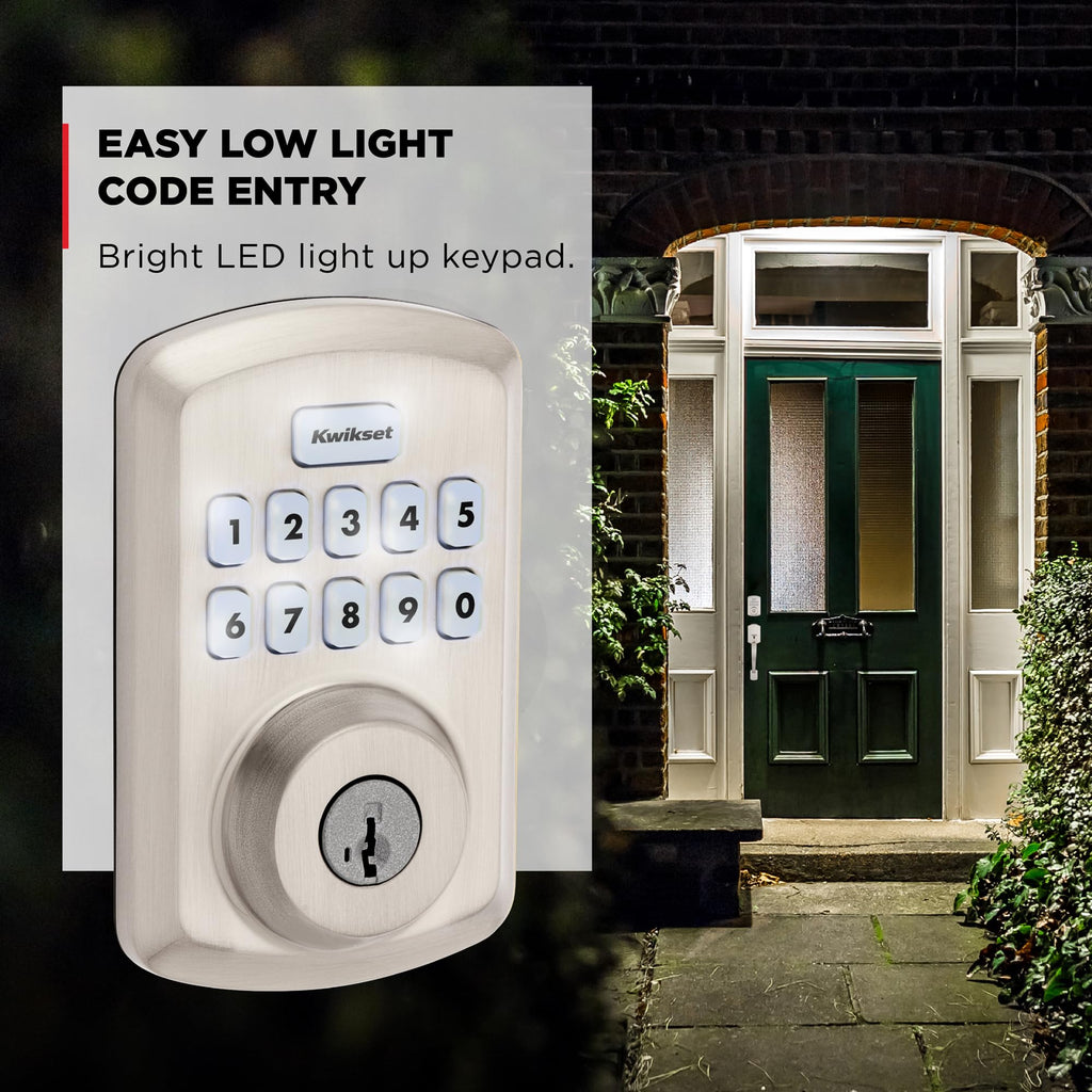 Kwikset Powerbolt 250 10-Button Keypad Satin Nickel Transitional Electronic Deadbolt Door Lock, Featuring Convenient Keyless Entry, Customizable User Codes, and Auto-Locking