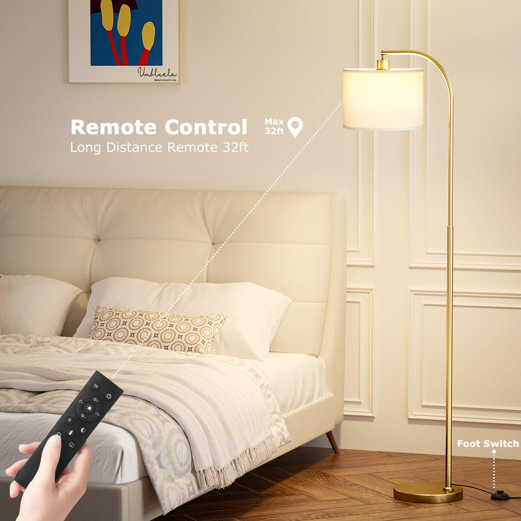 Ambimall Arc Floor Lamp with Remote and Stepless Dimmable Bulb, Colors Temperature & Brightness Adjustable, Floor Lamps for Living Room（White Shade & Gold Pole）