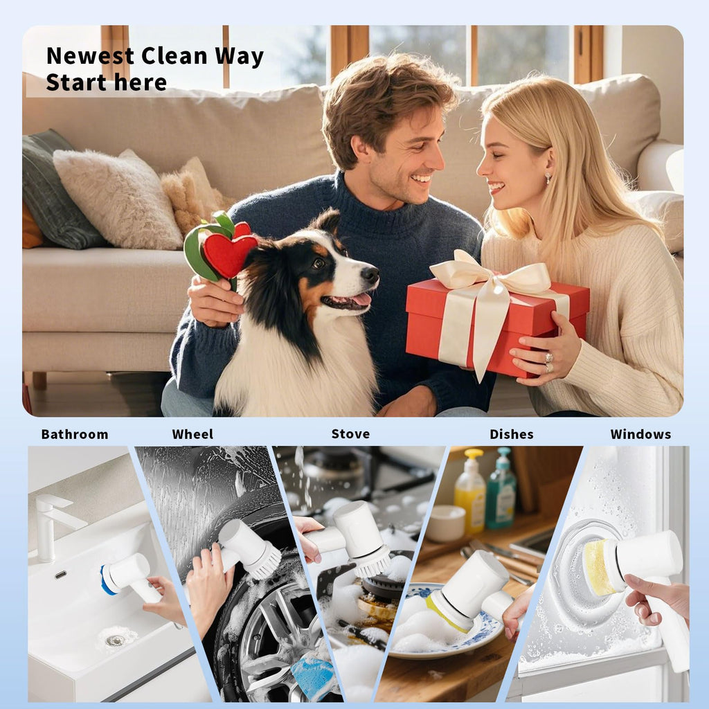 MEFELF Electric Spin Scrubber - Cordless Handheld Cleaning Brush with 2 Speeds & 4 Brush Heads, Rechargeable 1500mAh Battery for Kitchen Sink, Bathroom Tile, Stovetop, Glass, Car Detailing