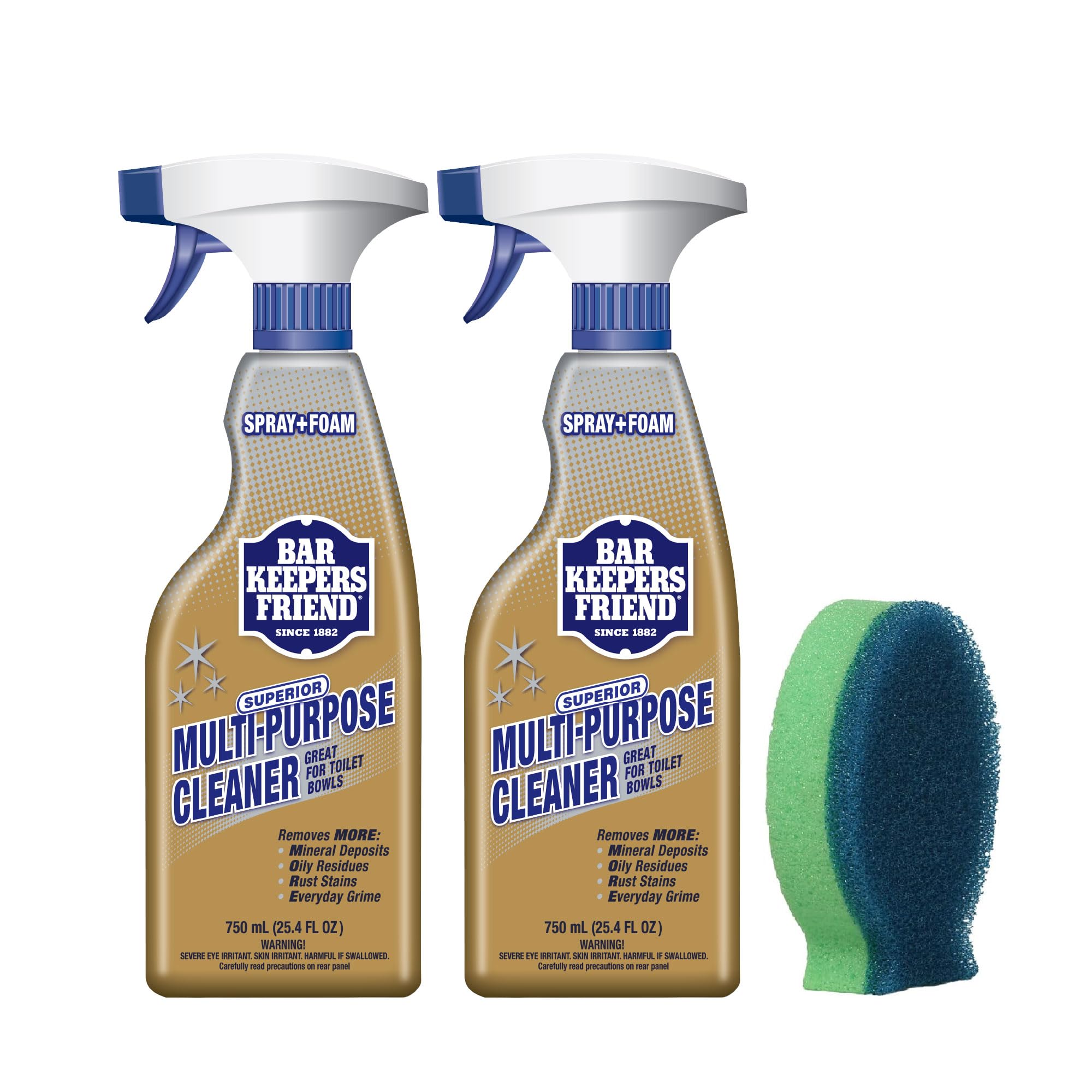 Bar Keepers Friend MORE Spray + Foam Multipurpose Cleaner (2 x 25.4 oz) & Dish Fish Dual Sponge for Bathroom, Kitchen & Outdoor Use on Stainless Steel, Aluminum, Brass, Tile, Ceramic, Porcelain & More