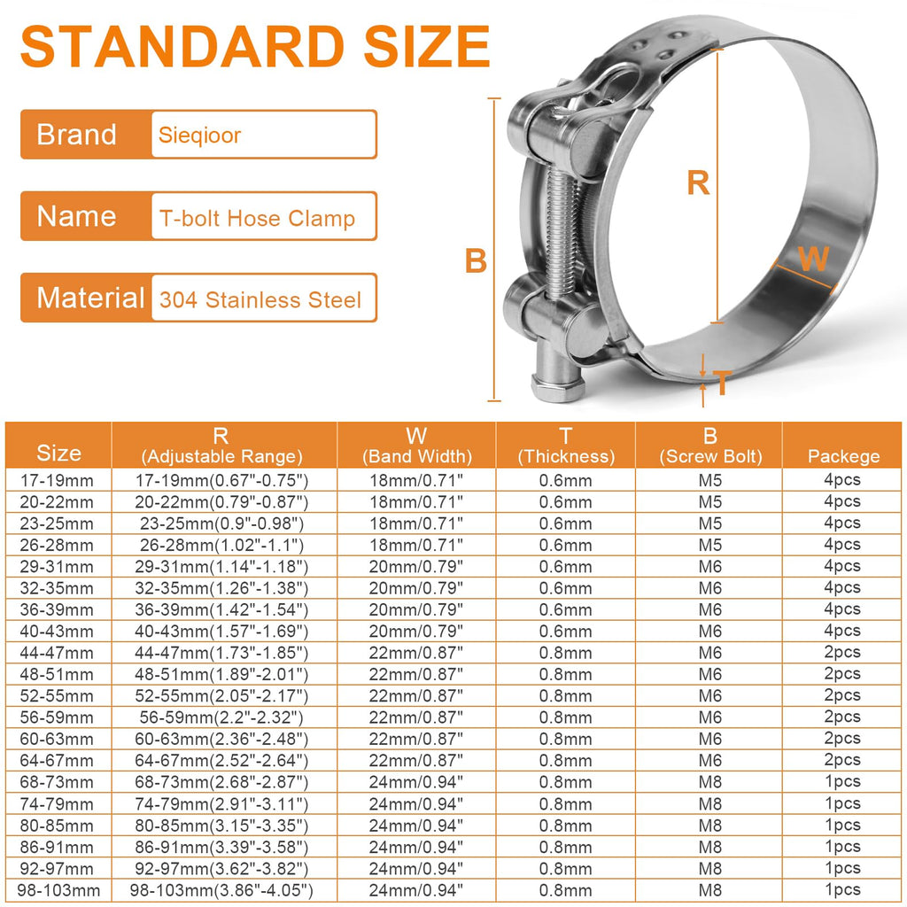 4 Pack Sieqioor T-Bolt Hose Clamps 304 Stainless Steel 20-22mm