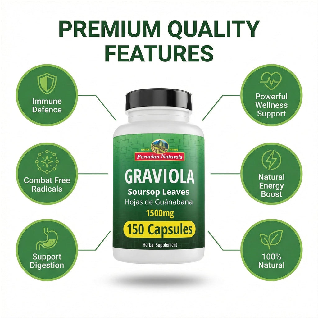 Peruvian Naturals Graviola Capsules, 1500 mg Soursop Leaf Extract from Hojas de Guanabana, Non-GMO, Vegan & Gluten-Free Herbal Supplement, 300 Count