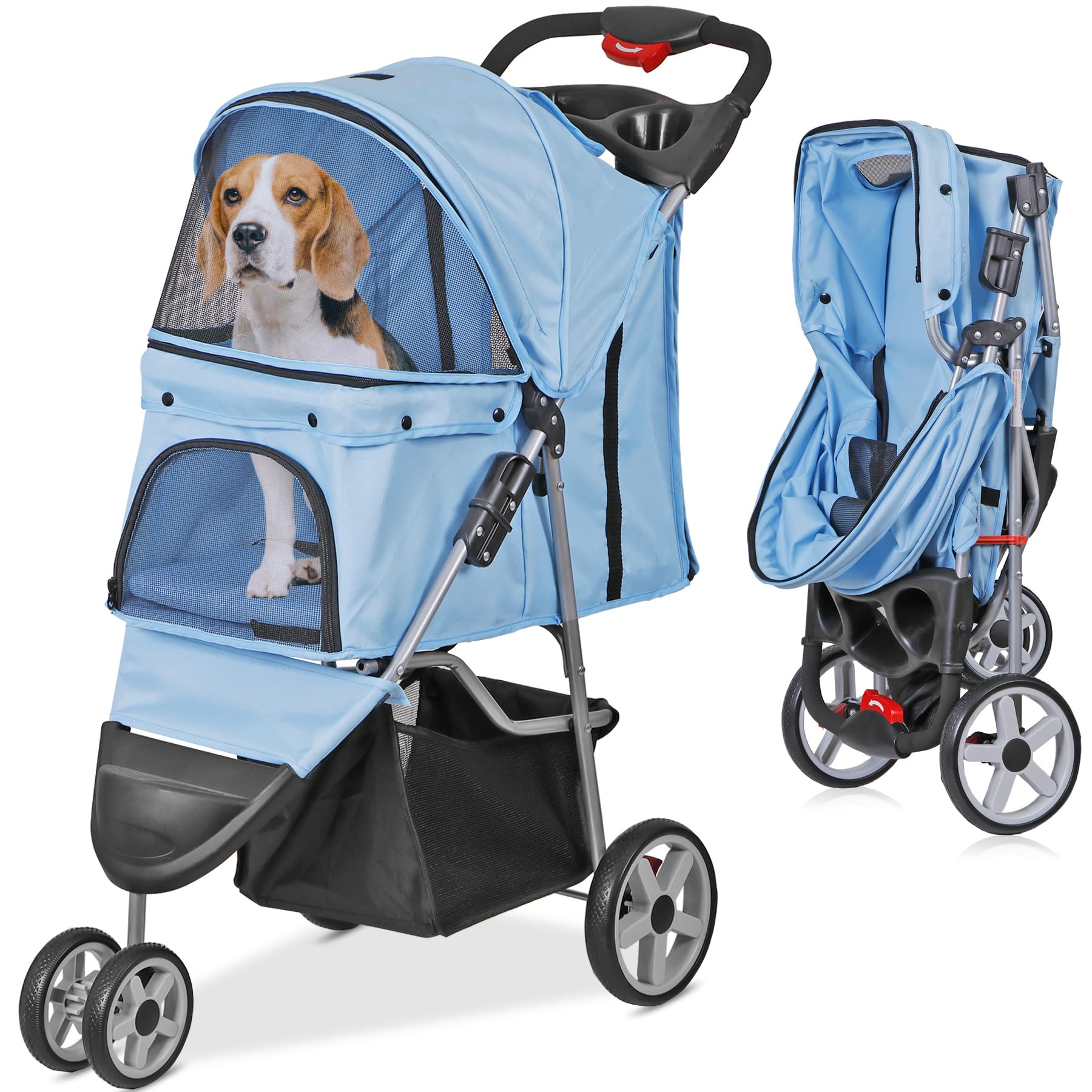 ZENY Foldable Pet Stroller, Cat/Dog Stroller with 3 Wheel, Pet Strolling Cart, Dog Travel Carrier with Storage Basket + Cup Holder (Blue)